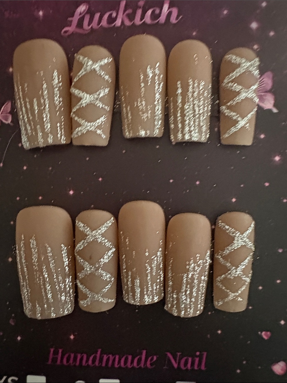 Premium custom made Brown Matte Press-On Nails with Silver Glitter Accents Sz L